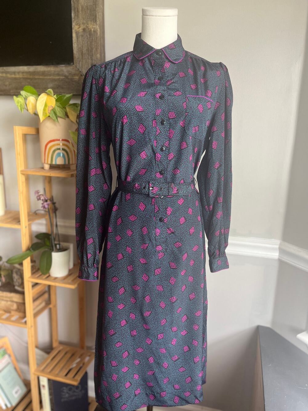 Vintage 80s Polk Dot Midi Dress Black Purple Long Sleeve Size Small